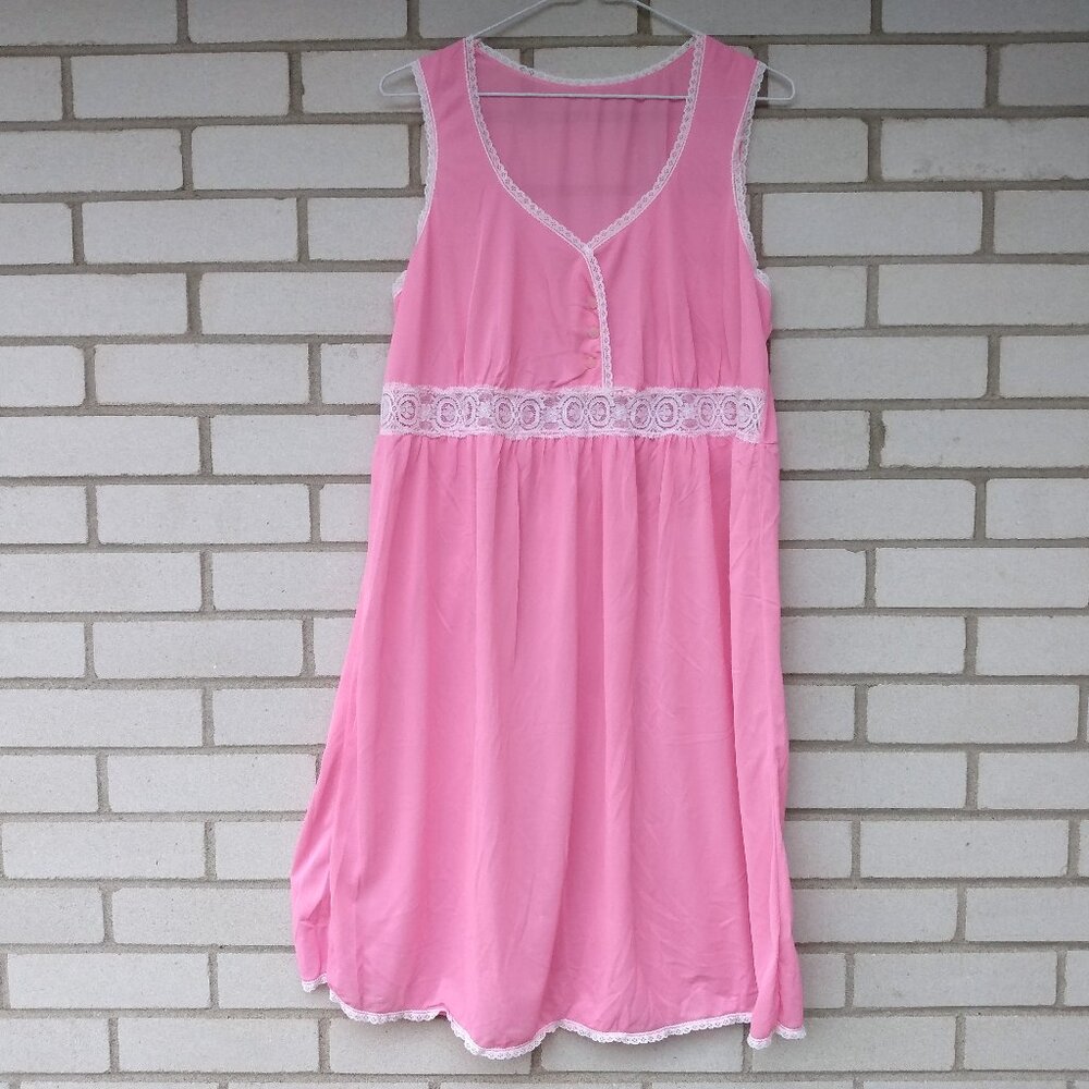 Vintage Pink Nylon Nightie Retro Nightgown Short Knee Length 40"B Medium